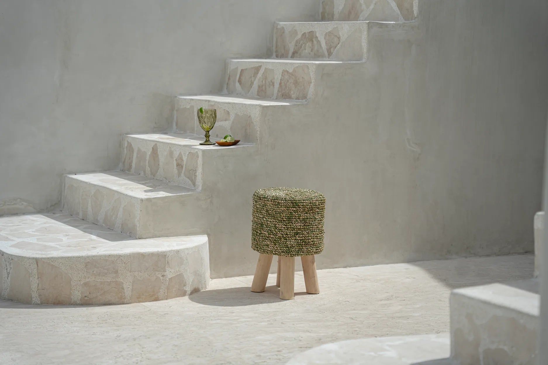 Bazarbizar-The Raffia Tressed Stool - Jungle Green